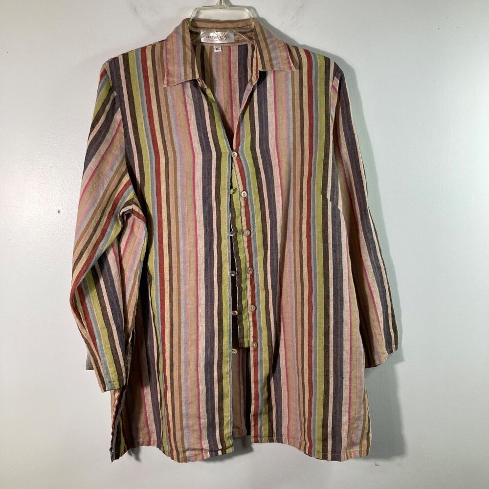 Womens‎ Spring Breeze Striped Linen Blend Button Tunic 3/4 Sleeve 2XL